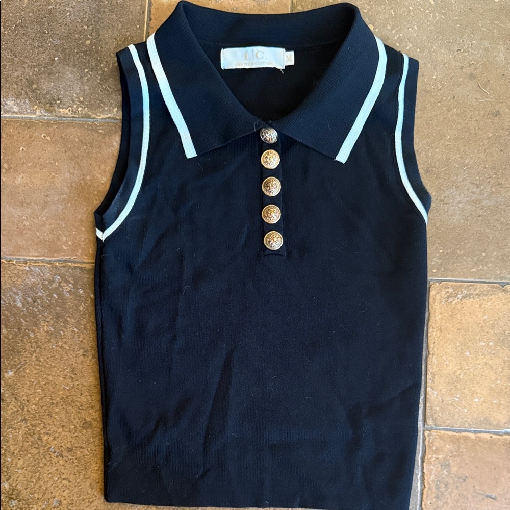 L/C Lizette Collection Black White Sweater nautical Black Buttons Gold Buttons M